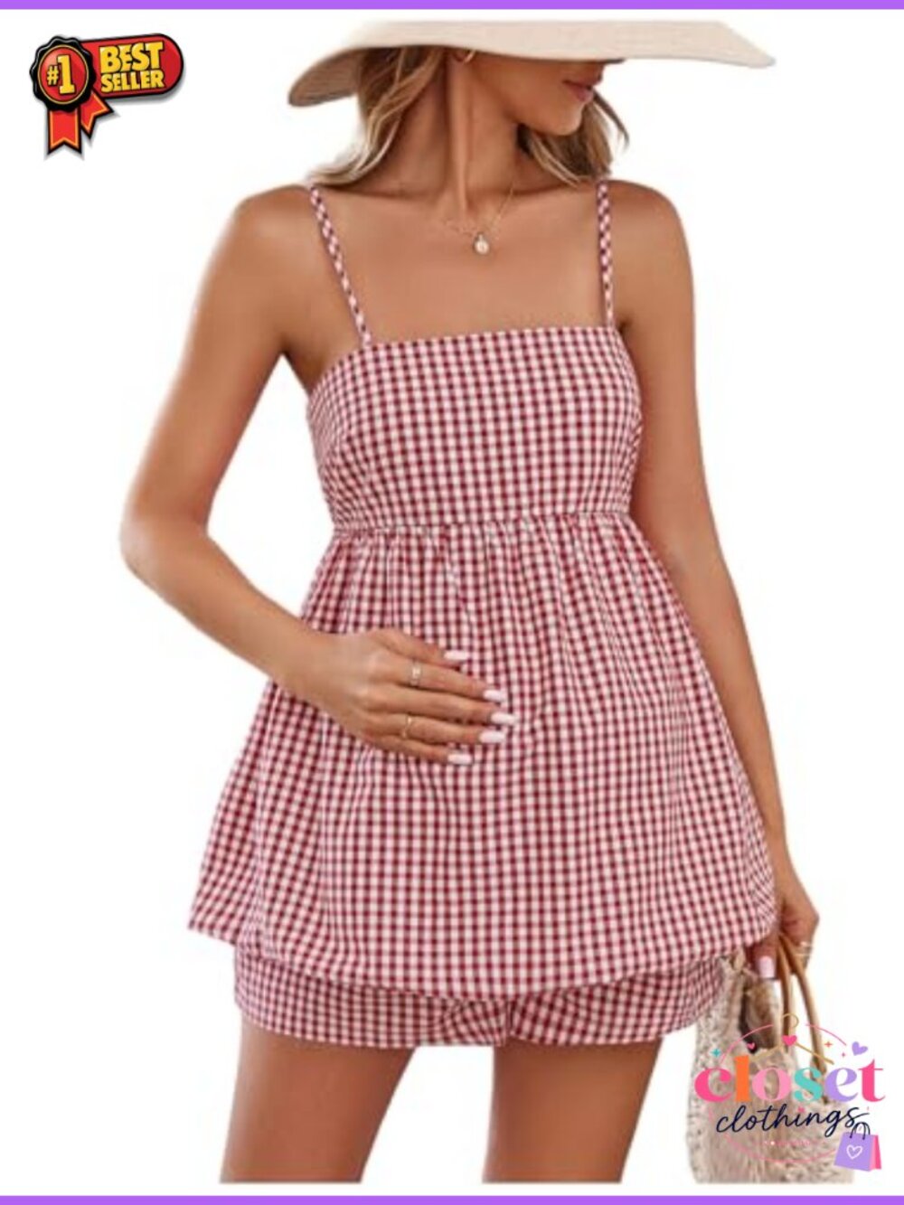 SweatyRocks Women Maternity 2 Piece Outfit Gingham Cami Top Shorts Set
